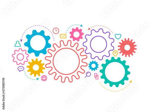 Colorful connected gears and icons for strategy,network,digital,service,communication business.Cooperation teamwork with rotation cogwheel mechanical system concept, vector infographic illustration.