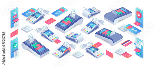 Electronic payments isometric set. 3d Cashless payment machine, smartphone, credit card, smart terminal with online cash desk, EMV chip card square reader. Vector Mobile NFC contactless payments