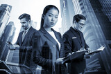 Group of three business colleagues in suits working on project together to gain new career opportunities. Concept of multinational corporate team in Singapore. Double exposure.