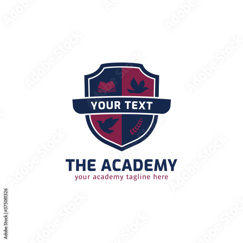 Academy school course logo with shield, eagle, wreath, and book icon symbol badge vector