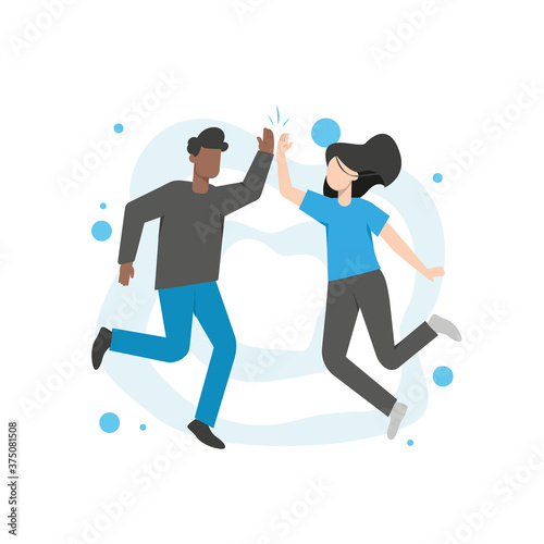 Happy people jumping in confetti on blue background.Men and boys,girls and women jump, celebrate, indulge, play, clap their hands. Jumping people clap their hands.Successful completion of work, tasks.