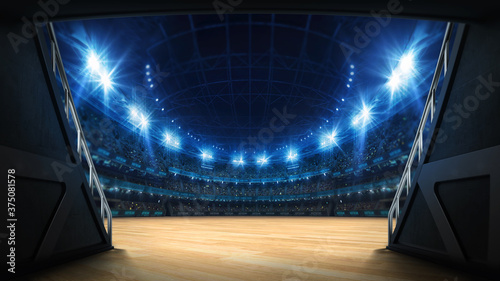 Stadium tunnel leading to playground. Players entrance to illuminated basketbal arena full of fans. Digital 3D illustration background for sport advertisement. 