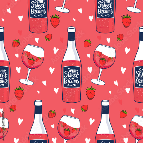 Seamless pattern Rose wine bottle with inscription Semi Sweet Dreams. Cute feminine drink in a wineglass with strawberries. Vector hand illustration isolated on white. Surface design