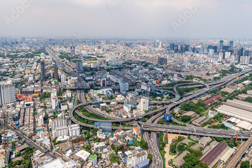 Bangkok  Thailand - August 29  2020  Bird s eye view of Bangkok skyline cityscape and expressway