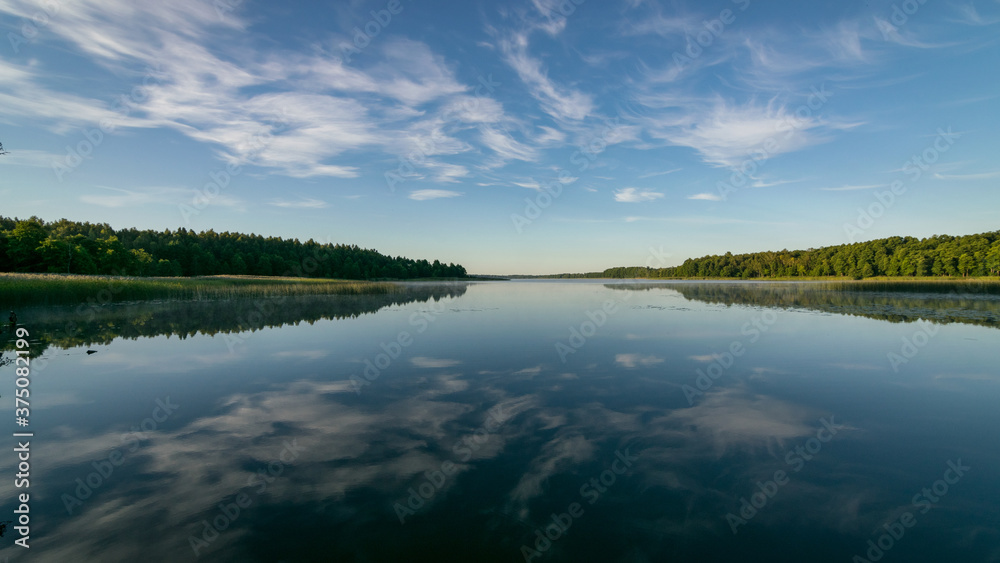 Fototapeta premium cloud reflections in clear and calm lake water, forest in the background, summer morning