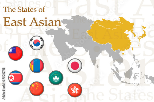 Set of icons for East Asian flags. Vector image of flags and maps of Asia on a white background. You can use it to create a website, print, brochures, booklets, leaflets, and travel guides.