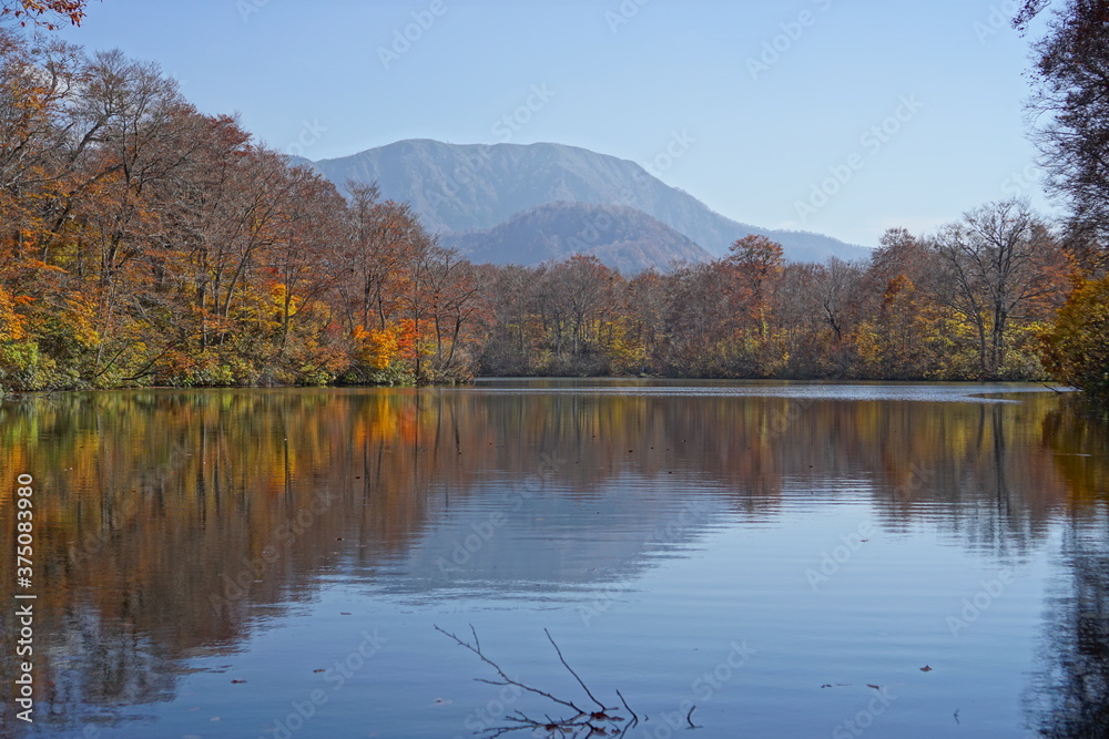 Beautiful lake reflection in autumn landscape at Northern Alps of Japan, Otari, Nagano