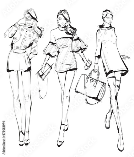 Beautiful young women in modern style.. Hand drawn stylish woman portrait. Fashion lady. Festive outfit. Sketch. Fashion model posing in dress. Hand drawn fashion woman.