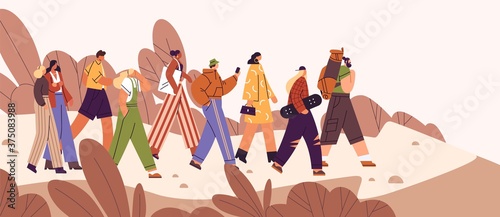 Flat vector cartoon illustration of people following influencer or teamleader. Leader inspire partners or crowd, showing the direction. Concept of teamwork, supervision, leadership or group guidance