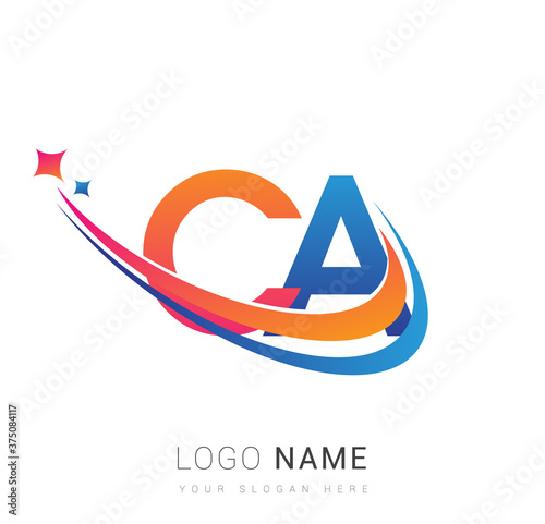 initial letter CA logotype company name colored orange, red and blue swoosh star design. vector logo for business and company identity.