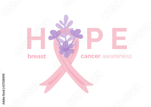 Hope inscription. Breast cancer awareness month banner template with pink cartoon ribbon and violet flowers bouquet. Mammary cancer solidarity campaign. Vector illustration with typography.