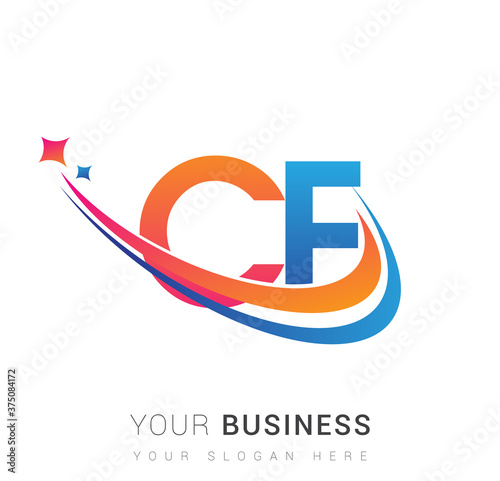 initial letter CF logotype company name colored orange, red and blue swoosh star design. vector logo for business and company identity. photo