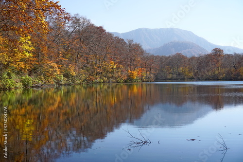 Beautiful lake reflection in autumn landscape at Northern Alps of Japan, Otari, Nagano © Hirotsugu