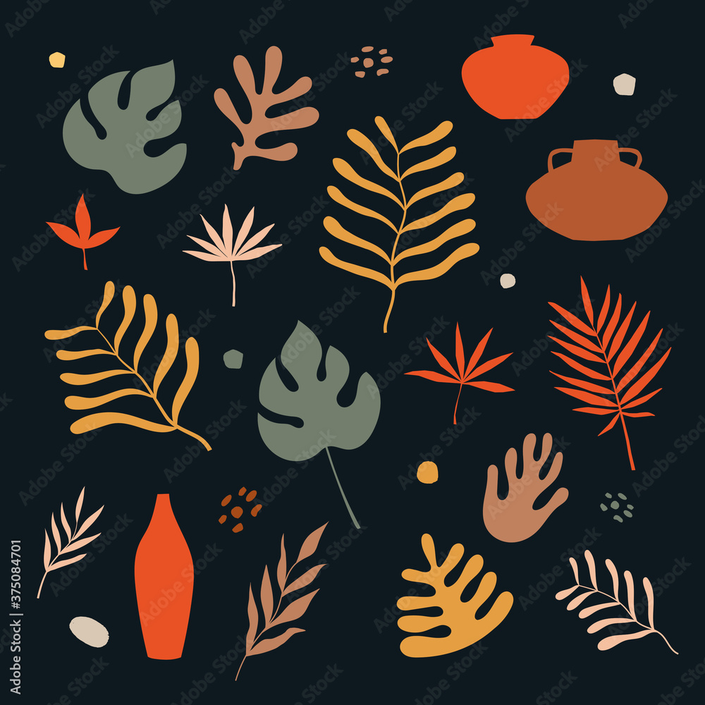 Set of exotic palm leaves of various shapes and sizes vector illustration on a dark background. Tropical plants. Colorful plants in a flat style. Organic elements for ecological design.