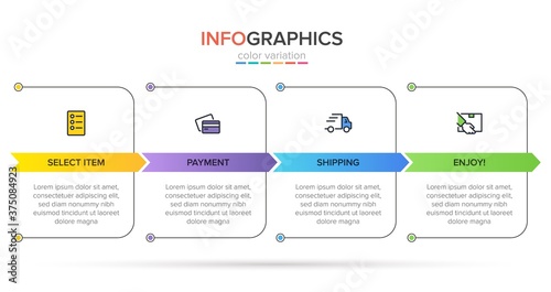 Concept of shopping process with 4 successive steps. Four colorful graphic elements. Timeline design for brochure, presentation, web site. Infographic design layout.