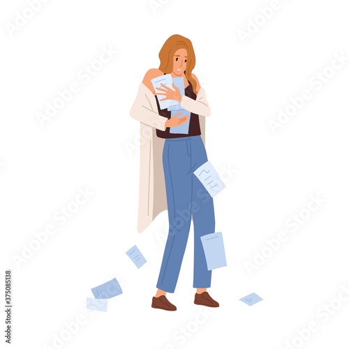 Concept of distraction, overworking, stress and work fatigue. Confused office manager drops papers on floor. Documents fall from clumsy woman hands. Flat vector cartoon illustration isolated on white