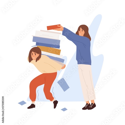 Concept of unfair load distribution, overhours and stressful situation. Colleague put piles of giant folders on overworked and tired office manager. Flat vector cartoon illustration isolated on white