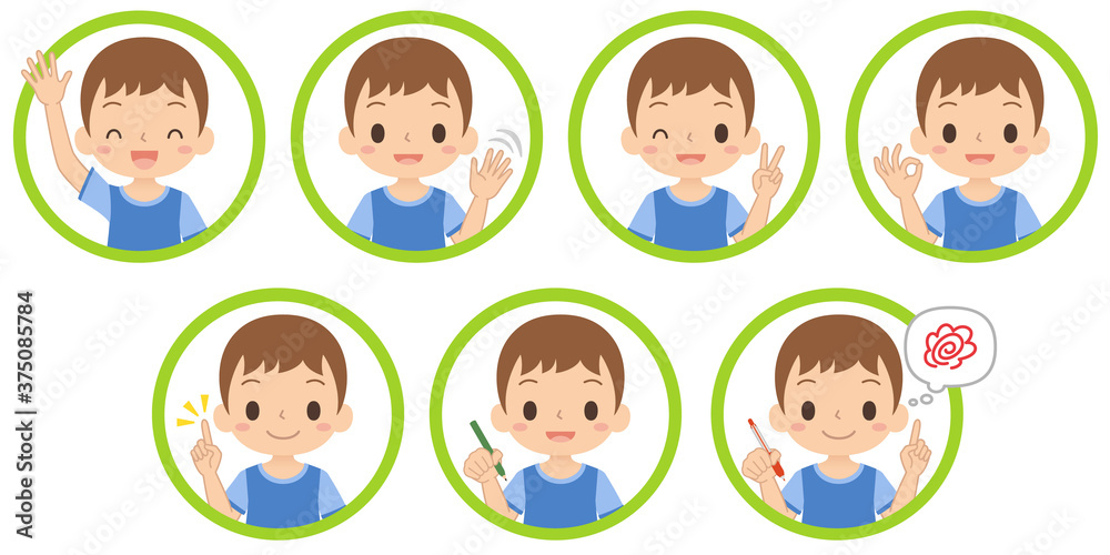 笑顔の男の子のアイコン　セット　子ども　イラスト