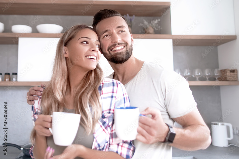 young couple in love in the kitchen in a good morning young couple in love in the kitchen in a good morning