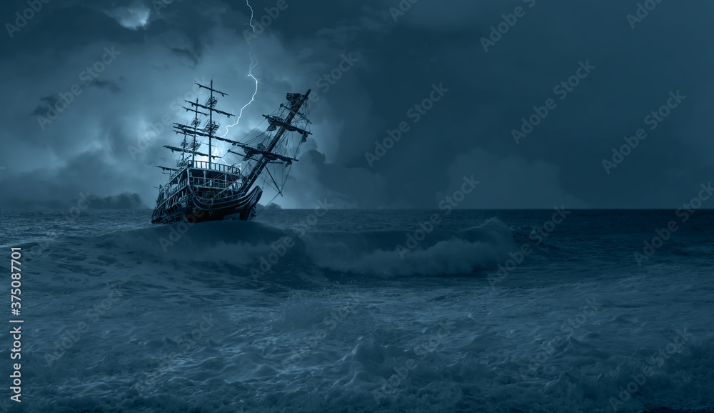 Sailing old ship in storm sea on the background heavy clouds with lightning - obrazy, fototapety, plakaty 