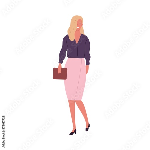 Stylish businesswoman holding clutch bag vector flat illustration. Happy fema...