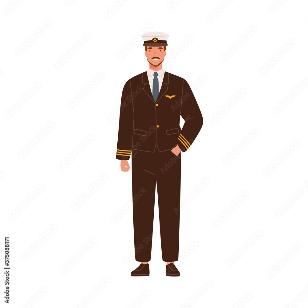 Smiling male aircraft pilot in modern uniform and cap vector flat illustration. Happy man aircrew captain or aviator with mustache and beard standing isolated on white. Professional airman posing Smiling male aircraft pilot in modern uniform and cap vector flat illustration. Happy man aircrew captain or aviator with mustache and beard standing isolated on white. Professional airman posing