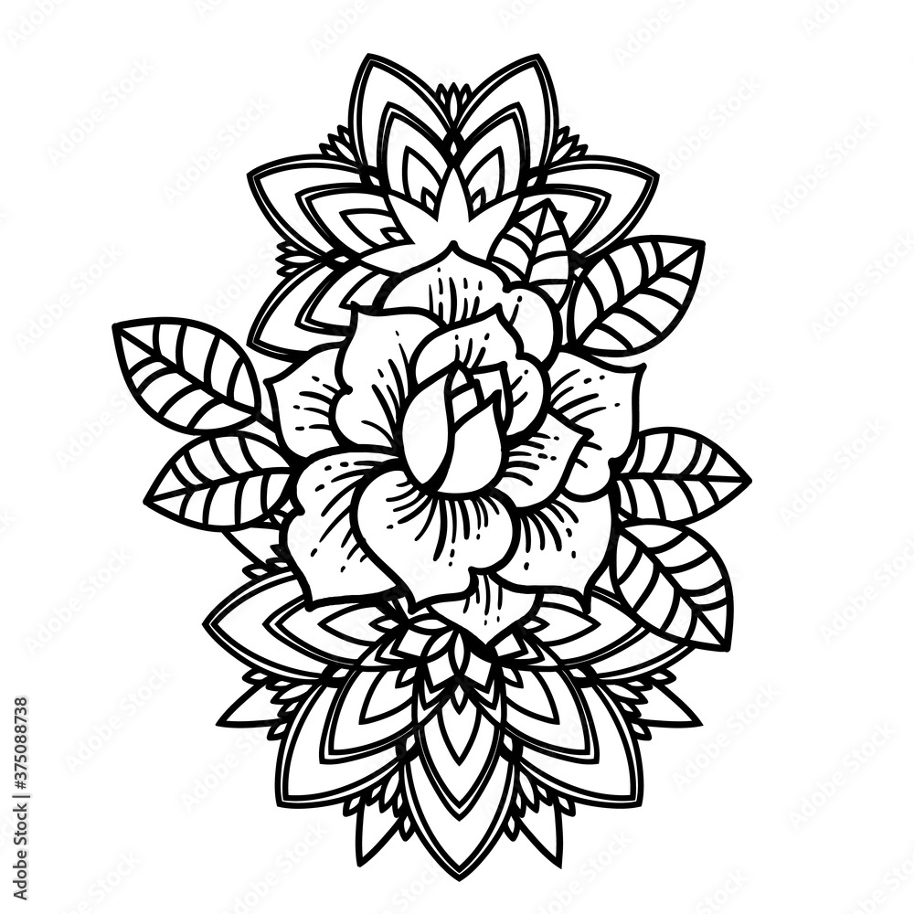 Rose Tattoo, mystic symbol. Flower with string of beads. Rose Tattoo, mystic symbol. Flower with string of beads.