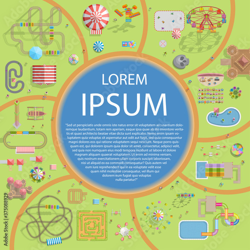 A vector illustration of amusement park map. (Top view)
Attractions, paths, lake, railroad, circus, tents. (View from above)