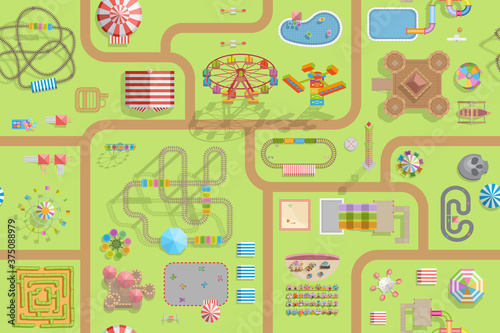 Seamless pattern. Amusement Park. (Top view) Attractions, paths, circus, plants, tents. (View from above)