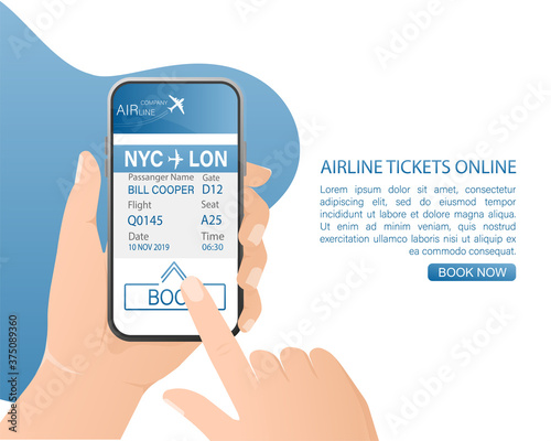 Airline tickets online with hands and smartphone in flat style. Isolated vector illustration.