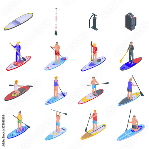Sup surfing icons set. Isometric set of sup surfing vector icons for web design isolated on white background