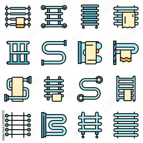 Heated towel rail icons set. Outline set of heated towel rail vector icons thin line color flat on white