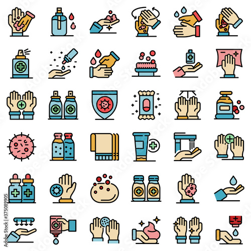 Antiseptic icons set. Outline set of antiseptic vector icons thin line color flat on white
