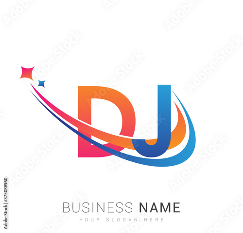 initial letter DJ logotype company name colored orange, red and blue swoosh star design. vector logo for business and company identity.