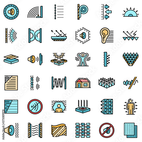 Soundproofing icons set. Outline set of soundproofing vector icons thin line color flat on white