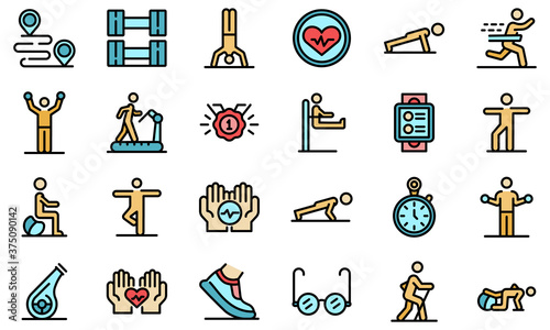 Workout seniors icons set. Outline set of workout seniors vector icons thin line color flat on white
