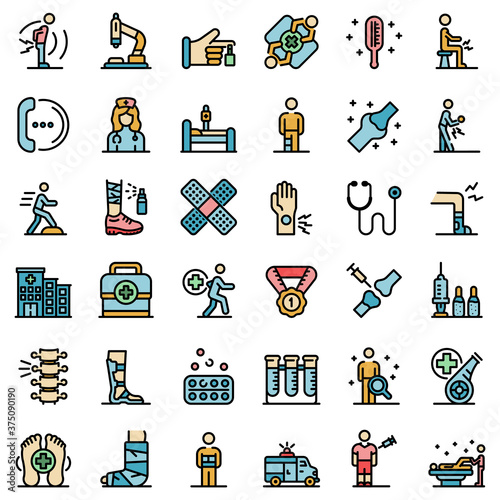 Sports doctor icons set. Outline set of sports doctor vector icons thin line color flat on white