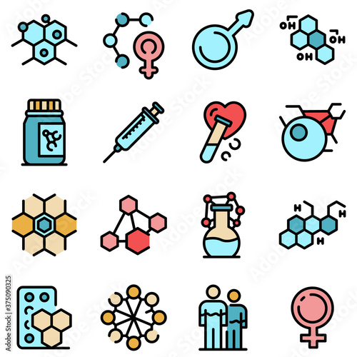 Hormones icons set. Outline set of hormones vector icons thin line color flat on white