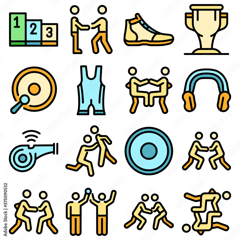 Greco-Roman wrestling icons set. Outline set of Greco-Roman wrestling vector icons thin line color flat on white Greco-Roman wrestling icons set. Outline set of Greco-Roman wrestling vector icons thin line color flat on white