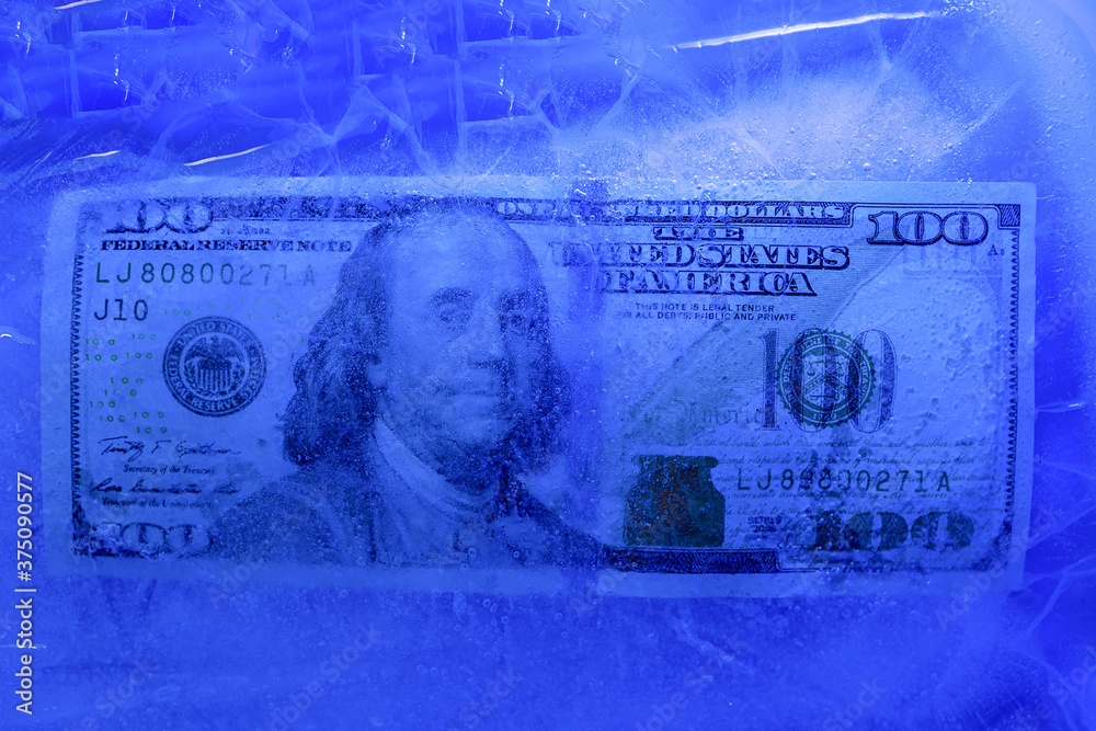 Fototapeta premium New $ 100 bill frozen under a layer of ice, the concept of the global financial crisis or the fall of the dollar on the world market
