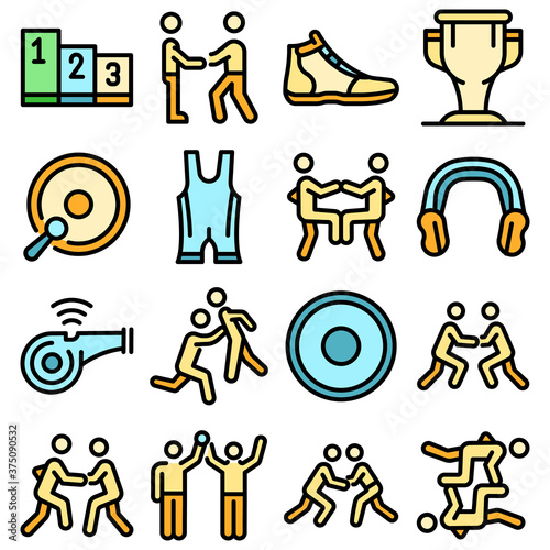 Greco-Roman wrestling icons set. Outline set of Greco-Roman wrestling vector icons thin line color flat on white