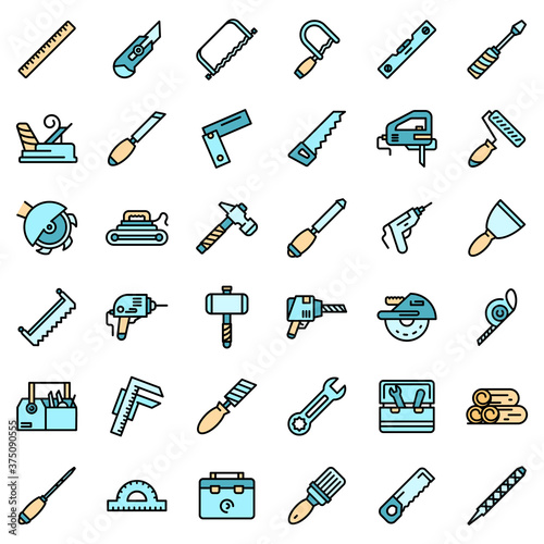 Carpenter tools icons set. Outline set of carpenter tools vector icons thin line color flat on white
