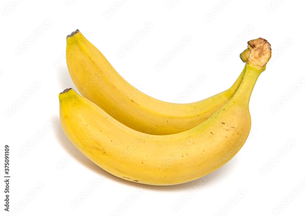 Two yellow ripe bananas isolated on a white background.