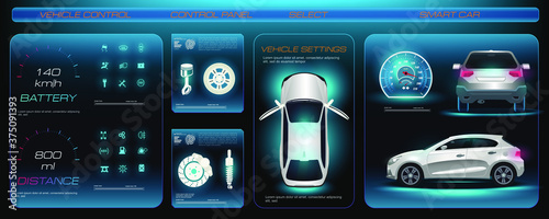 Futuristic car service, scan, diagnose and analyze vehicle data. Electronic touch panel for electric vehicle control. Car dashboard. Conceptual touchscreen car service with HUD, GUI, UI elements