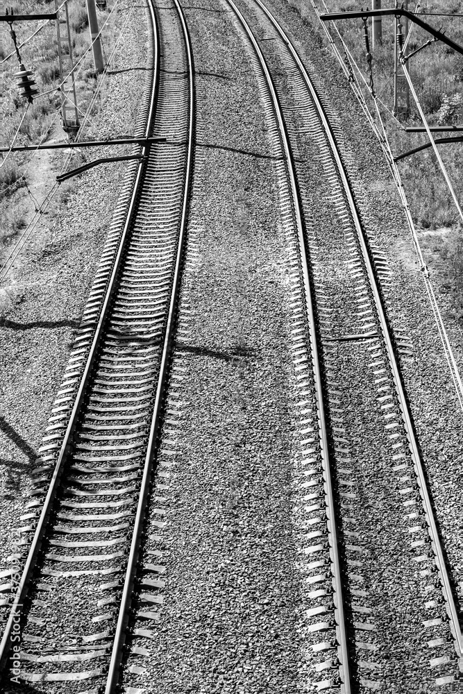 Railroad, sleepers, poles, top view.