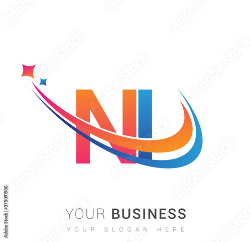 initial letter NI logotype company name colored orange, red and blue swoosh star design. vector logo for business and company identity.