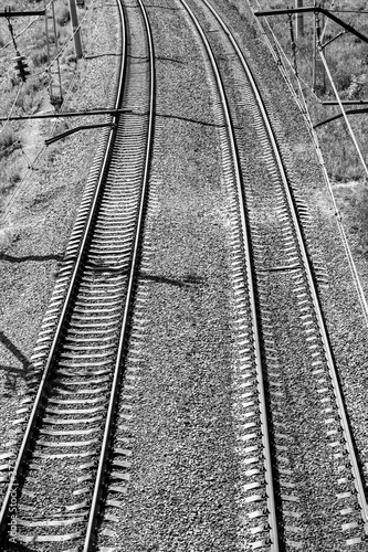 Railroad, sleepers, poles, top view.