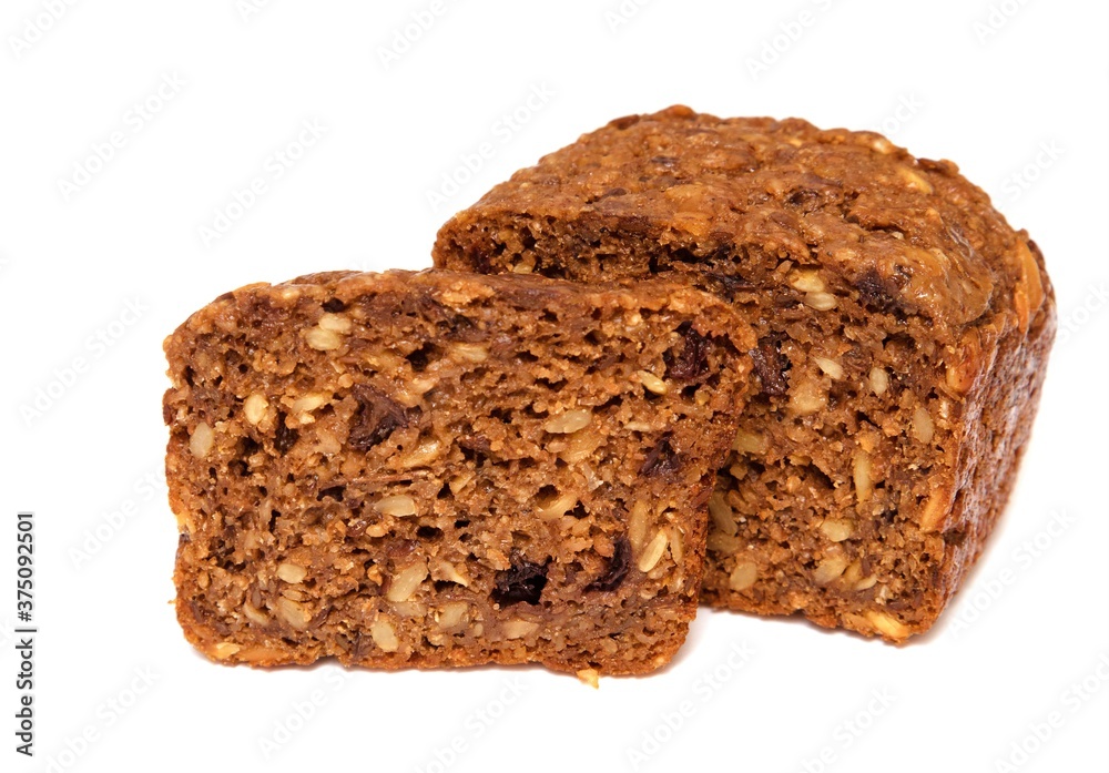 Cereal bread with raisins on a white background. Cereal bread with raisins on a white background.