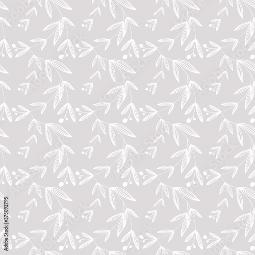 Fototapeta Naklejka Na Ścianę i Meble -  Cozy kawaii autumn leaves and branches square seamless thanksgiving pattern on gray background. Flat textured digital art. Print for fabric, wrapping paper, banner, clothing, postcards, wallpaper