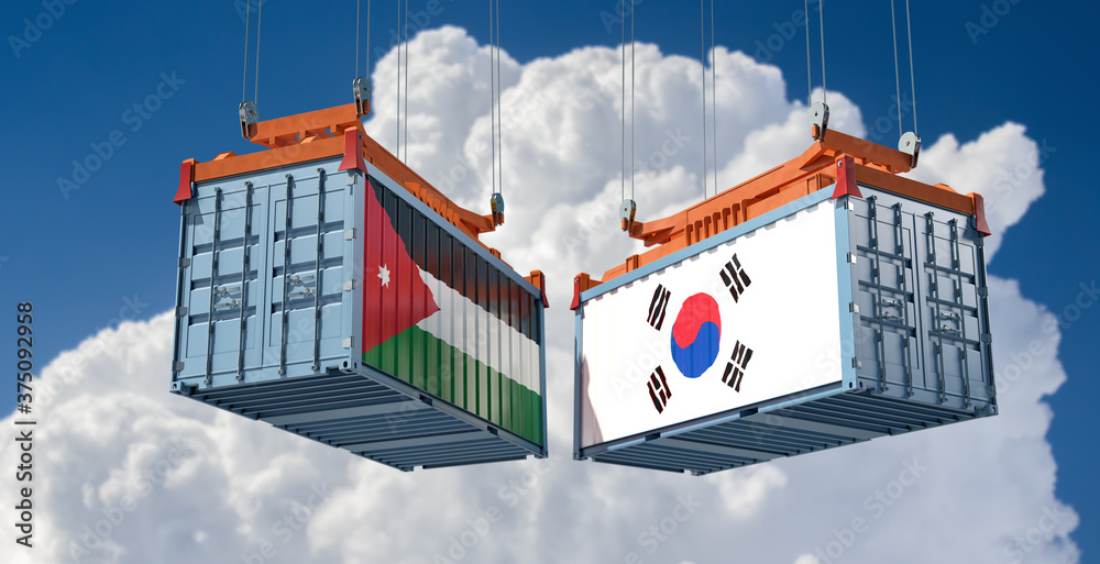 Freight containers with Jordan and South Korea flag. 3D Rendering 